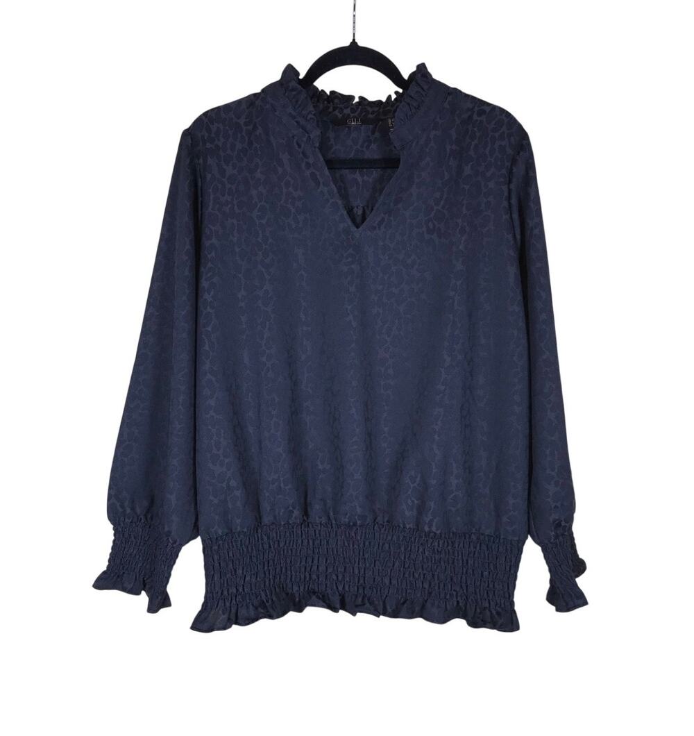 G.I.L.I. Blouse Women’s 1X Navy Leopard Print Ruffle Collar Flowy Formal Office